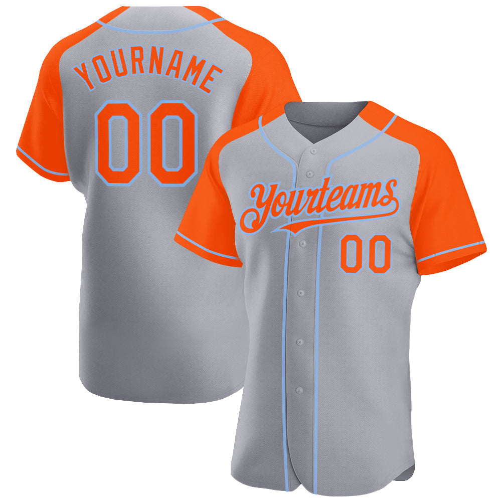 Custom Gray Orange-Light Blue Authentic Raglan Sleeves Baseball Jersey - Main View