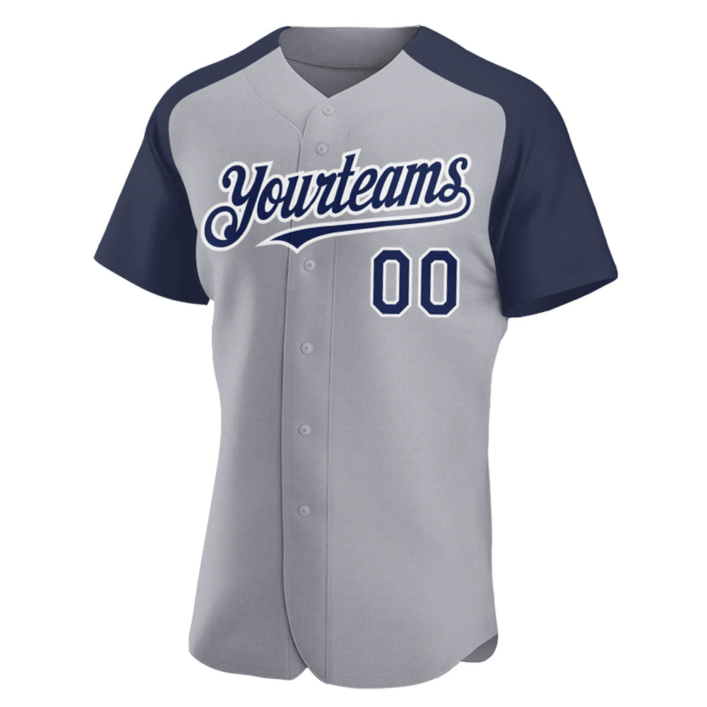 Custom Gray Navy-White Authentic Raglan Sleeves Baseball Jersey view 2