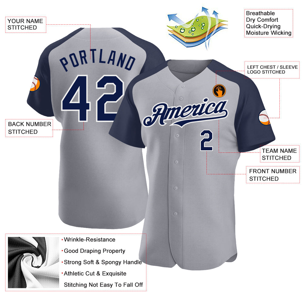 Custom Gray Navy-White Authentic Raglan Sleeves Baseball Jersey view 3