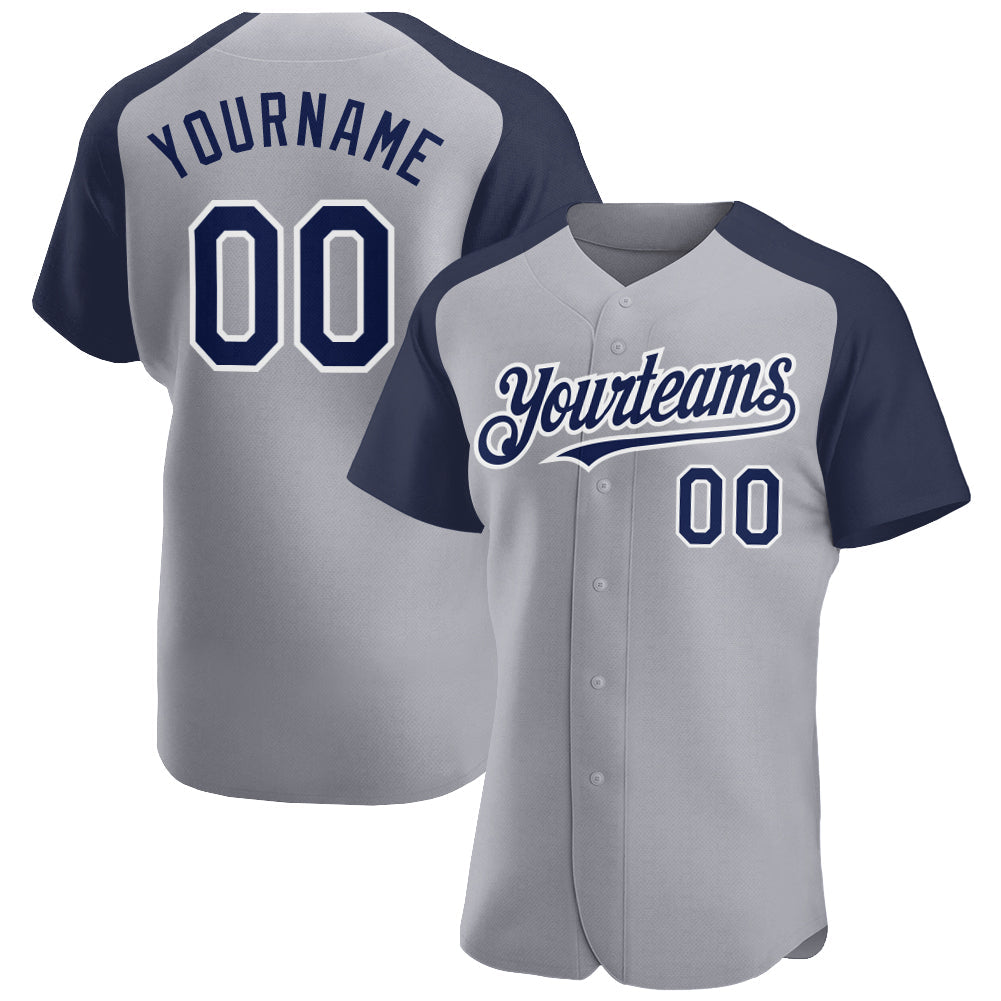 Custom Gray Navy-White Authentic Raglan Sleeves Baseball Jersey - Main View