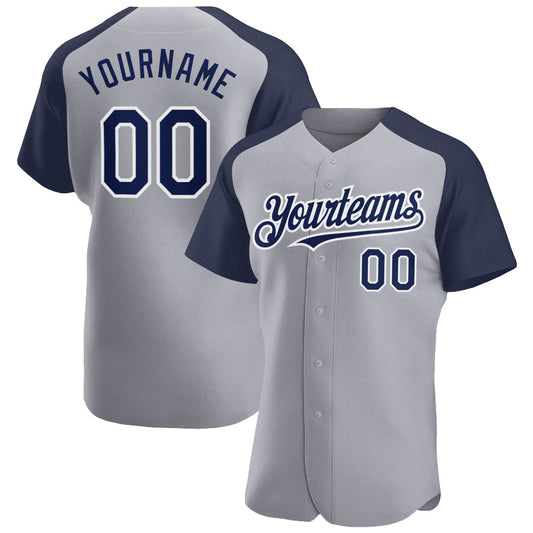Custom Gray Navy-White Authentic Raglan Sleeves Baseball Jersey - Main View