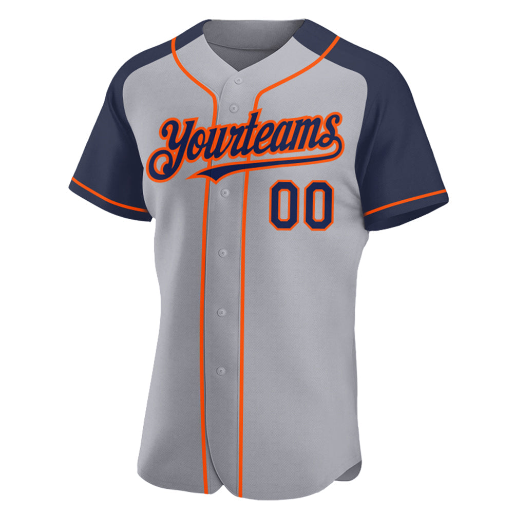 Custom Gray Navy-Orange Authentic Raglan Sleeves Baseball Jersey view 2