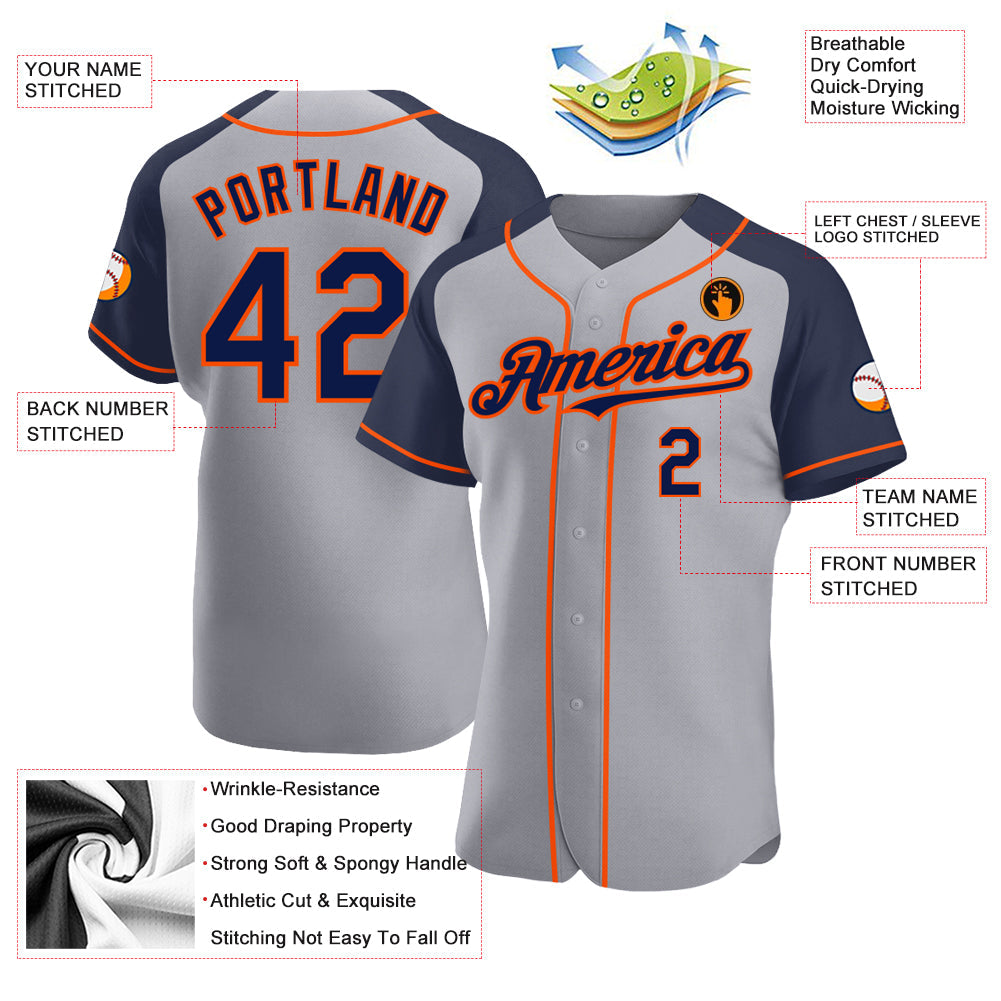 Custom Gray Navy-Orange Authentic Raglan Sleeves Baseball Jersey view 3