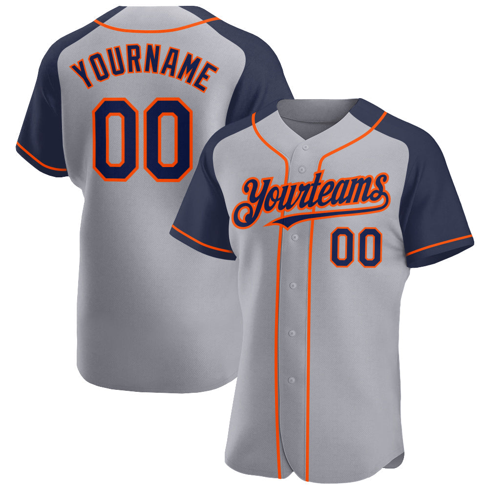 Custom Gray Navy-Orange Authentic Raglan Sleeves Baseball Jersey - Main View