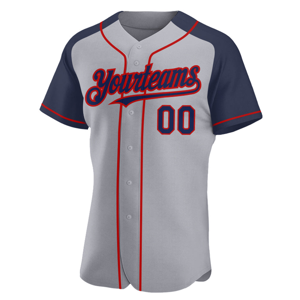Custom Gray Navy-Red Authentic Raglan Sleeves Baseball Jersey view 2