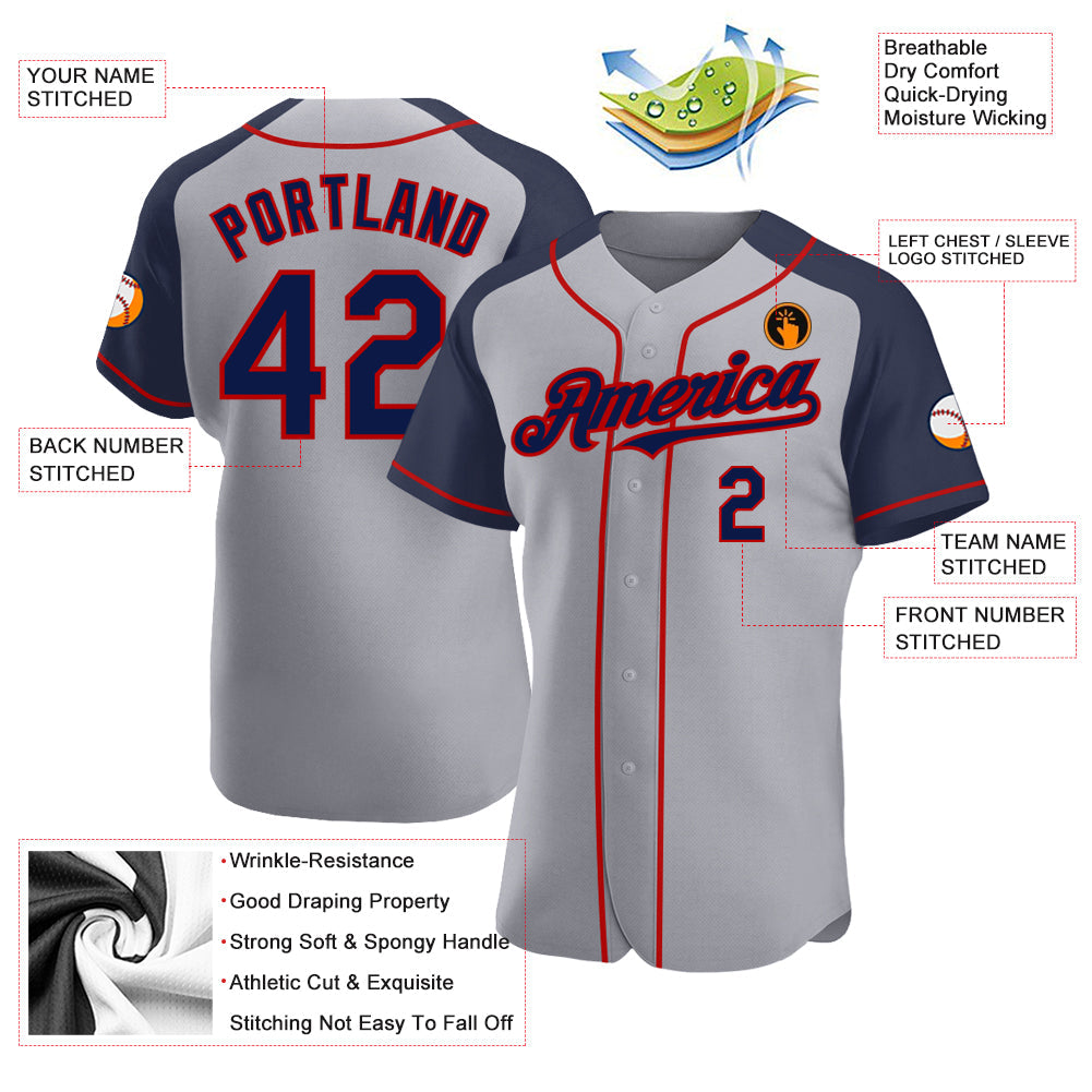 Custom Gray Navy-Red Authentic Raglan Sleeves Baseball Jersey view 3
