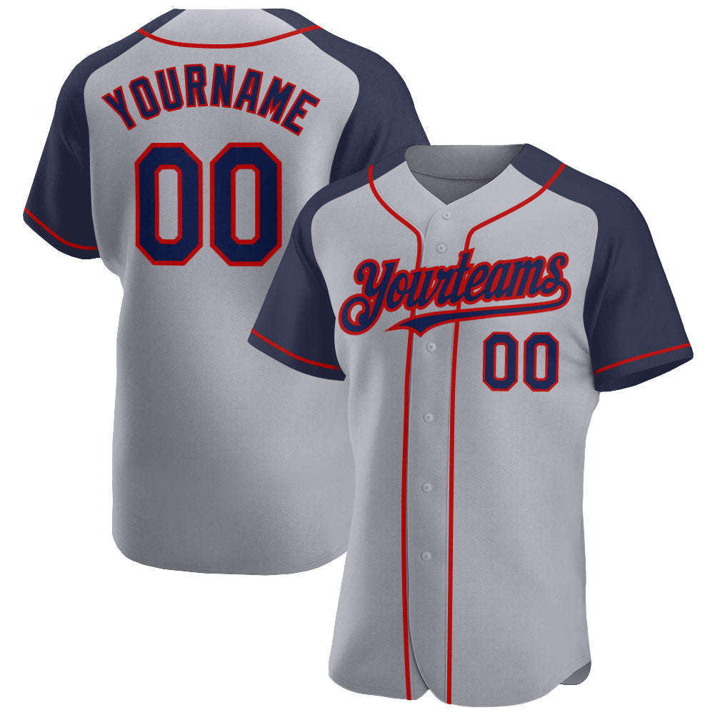 Custom Gray Navy-Red Authentic Raglan Sleeves Baseball Jersey - Main View