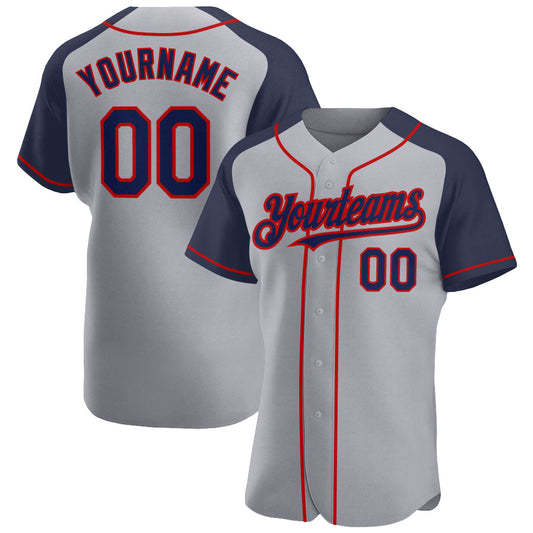 Custom Gray Navy-Red Authentic Raglan Sleeves Baseball Jersey - Main View