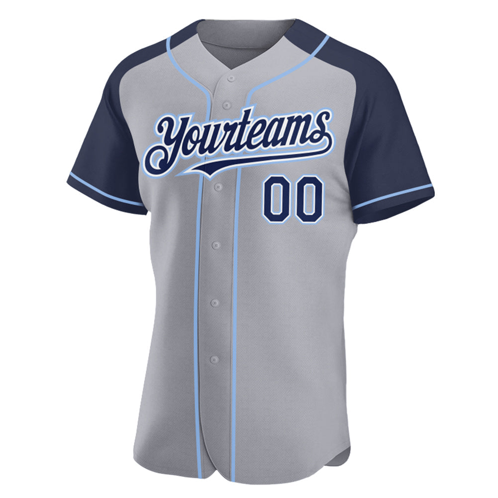 Custom Gray Navy-Light Blue Authentic Raglan Sleeves Baseball Jersey view 2