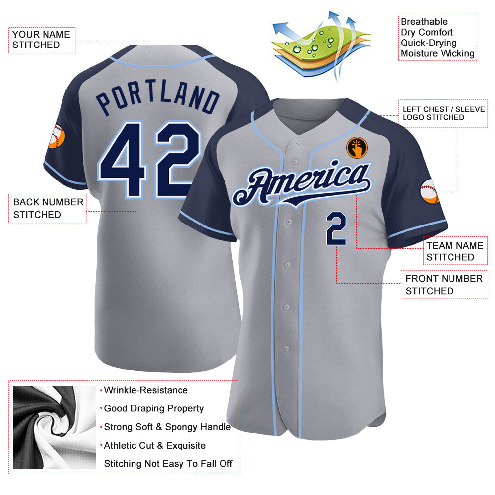 Custom Gray Navy-Light Blue Authentic Raglan Sleeves Baseball Jersey view 3