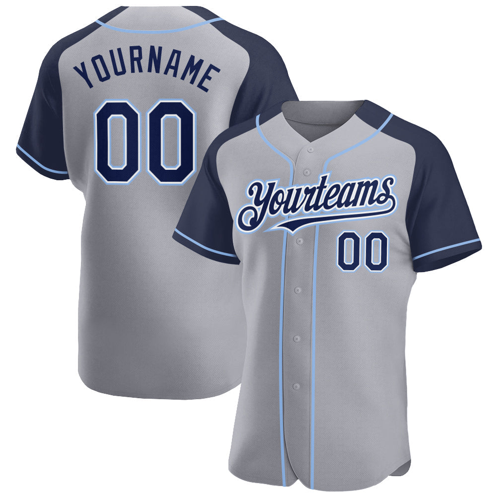 Custom Gray Navy-Light Blue Authentic Raglan Sleeves Baseball Jersey - Main View