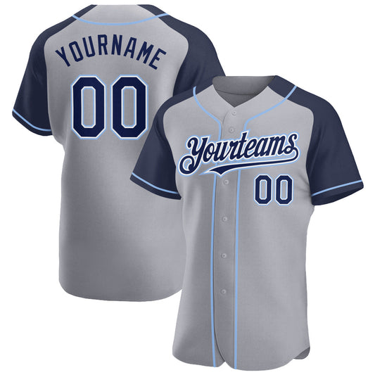 Custom Gray Navy-Light Blue Authentic Raglan Sleeves Baseball Jersey - Main View