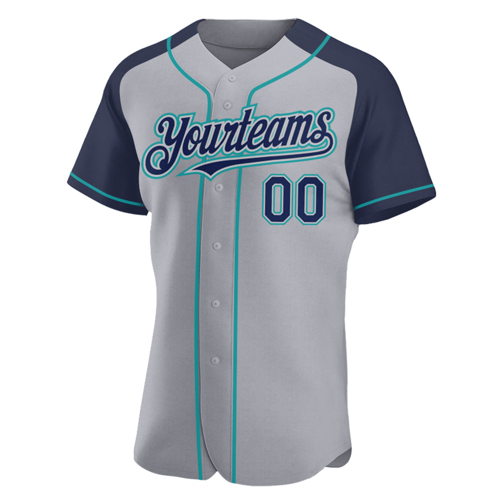 Custom Gray Navy-Teal Authentic Raglan Sleeves Baseball Jersey view 2