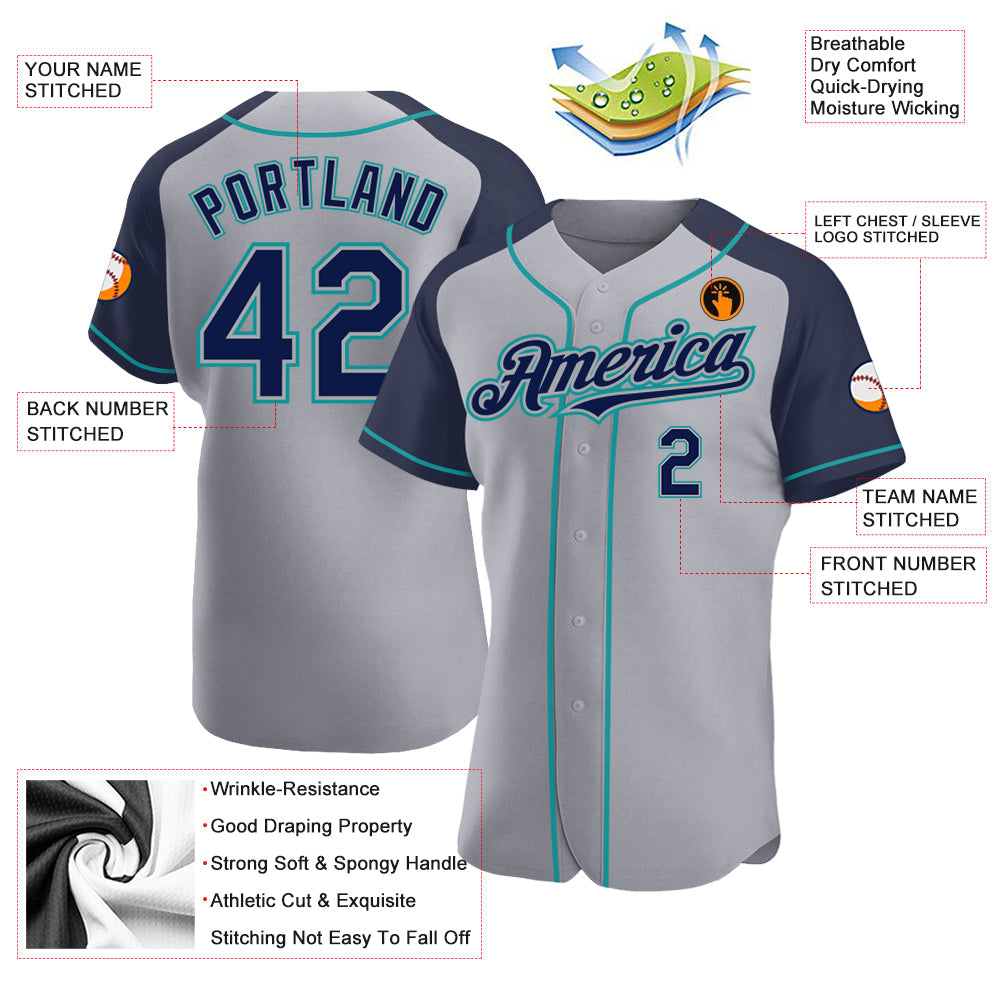 Custom Gray Navy-Teal Authentic Raglan Sleeves Baseball Jersey view 3