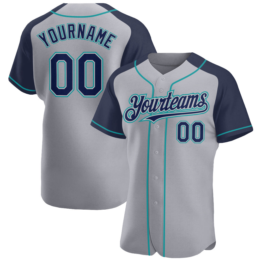 Custom Gray Navy-Teal Authentic Raglan Sleeves Baseball Jersey - Main View