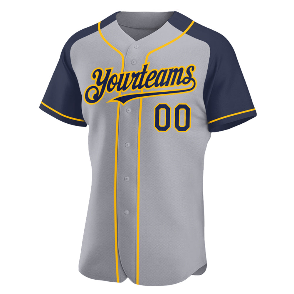 Custom Gray Navy-Gold Authentic Raglan Sleeves Baseball Jersey view 2
