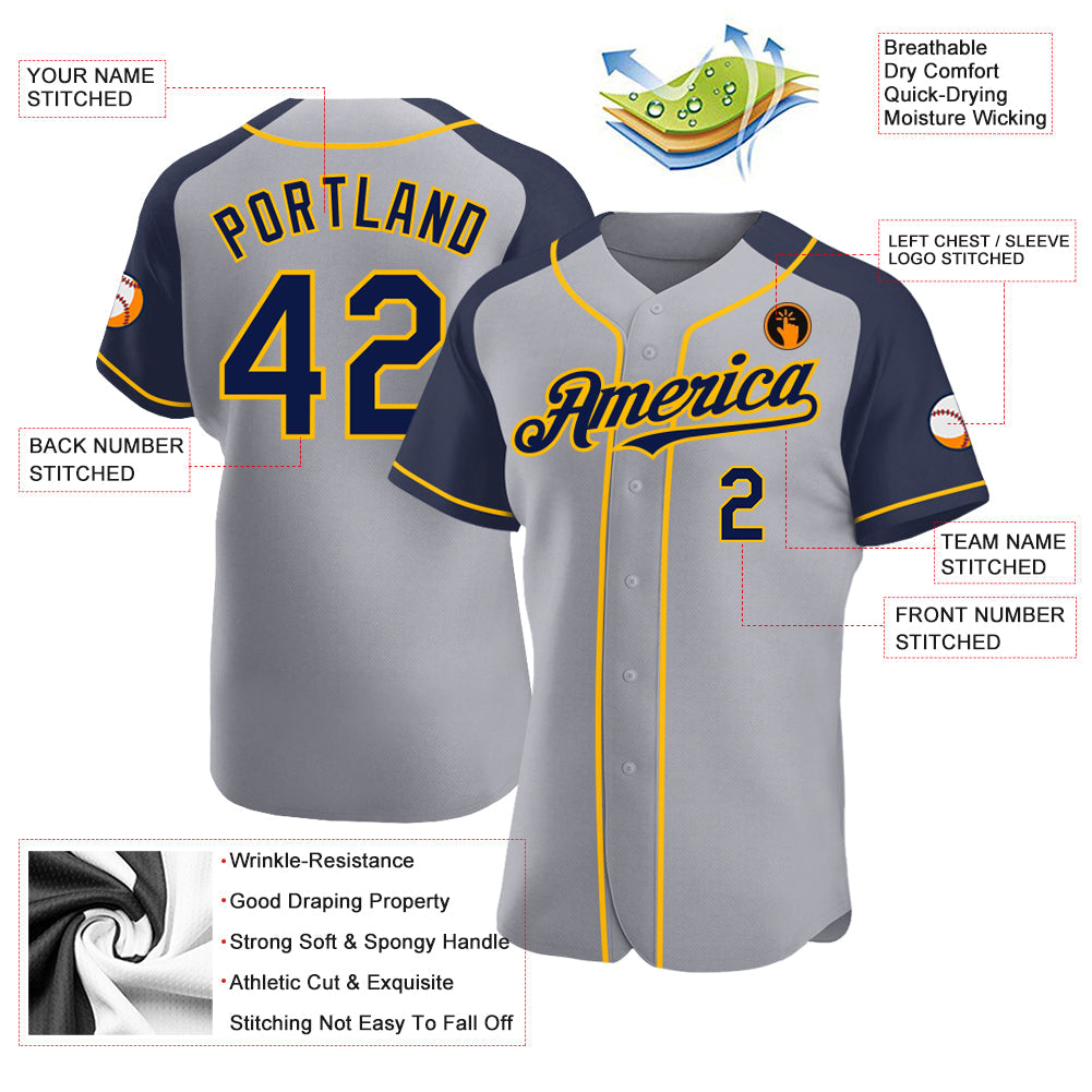 Custom Gray Navy-Gold Authentic Raglan Sleeves Baseball Jersey view 3