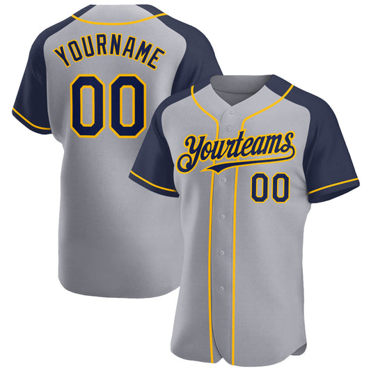 Custom Gray Navy-Gold Authentic Raglan Sleeves Baseball Jersey - Main View