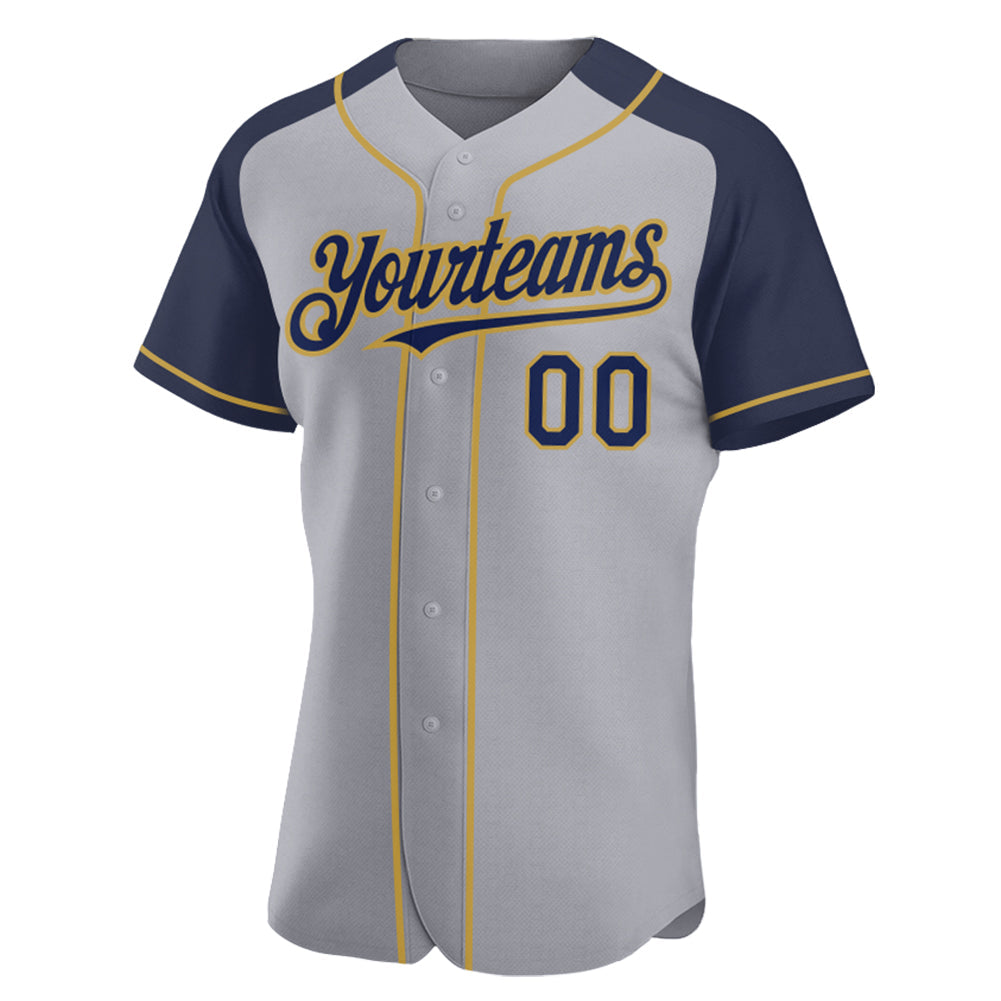 Custom Gray Navy-Old Gold Authentic Raglan Sleeves Baseball Jersey view 2