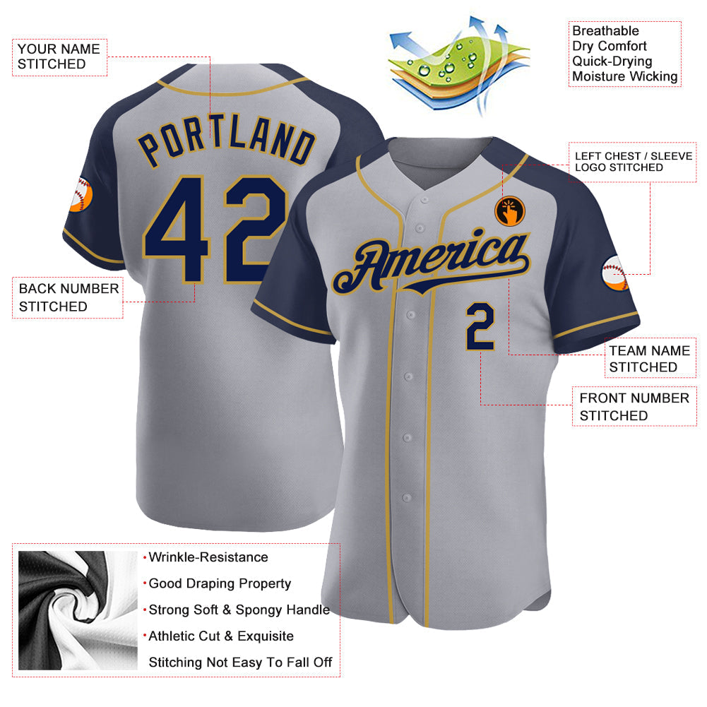 Custom Gray Navy-Old Gold Authentic Raglan Sleeves Baseball Jersey view 3