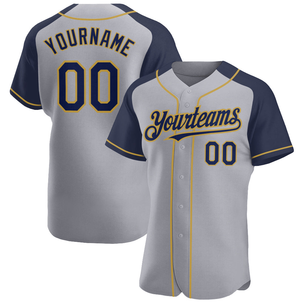 Custom Gray Navy-Old Gold Authentic Raglan Sleeves Baseball Jersey - Main View
