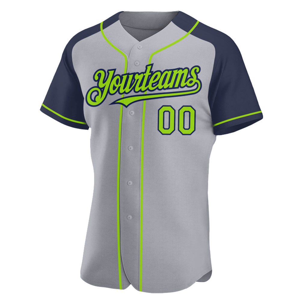 Custom Gray Neon Green-Navy Authentic Raglan Sleeves Baseball Jersey view 2