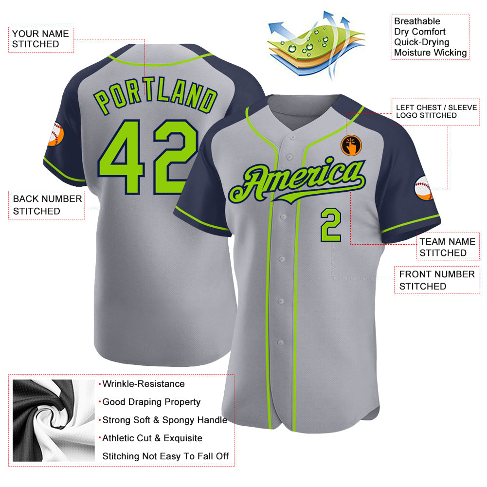 Custom Gray Neon Green-Navy Authentic Raglan Sleeves Baseball Jersey view 3