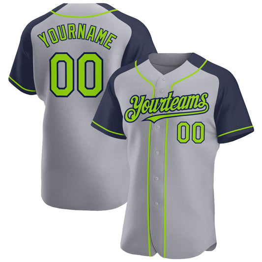 Custom Gray Neon Green-Navy Authentic Raglan Sleeves Baseball Jersey - Main View