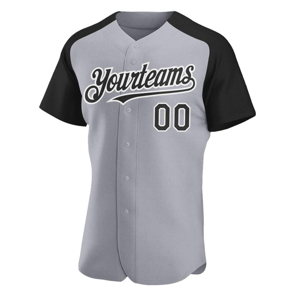 Custom Gray Black-White Authentic Raglan Sleeves Baseball Jersey view 2