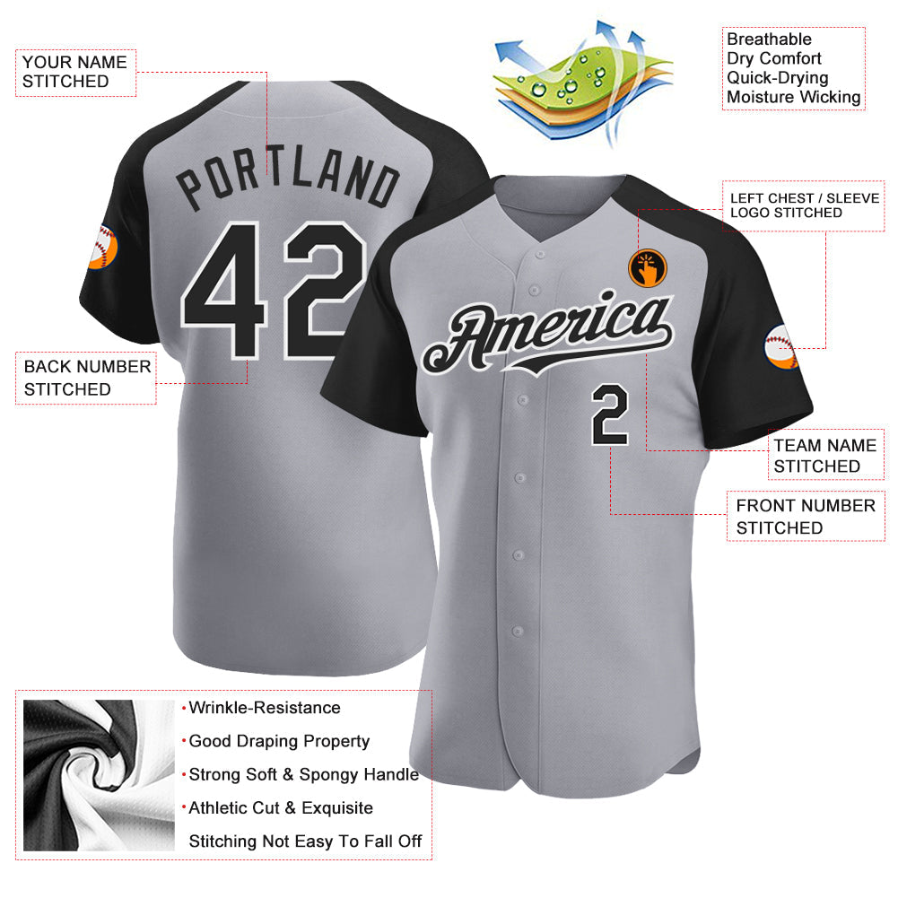 Custom Gray Black-White Authentic Raglan Sleeves Baseball Jersey view 3