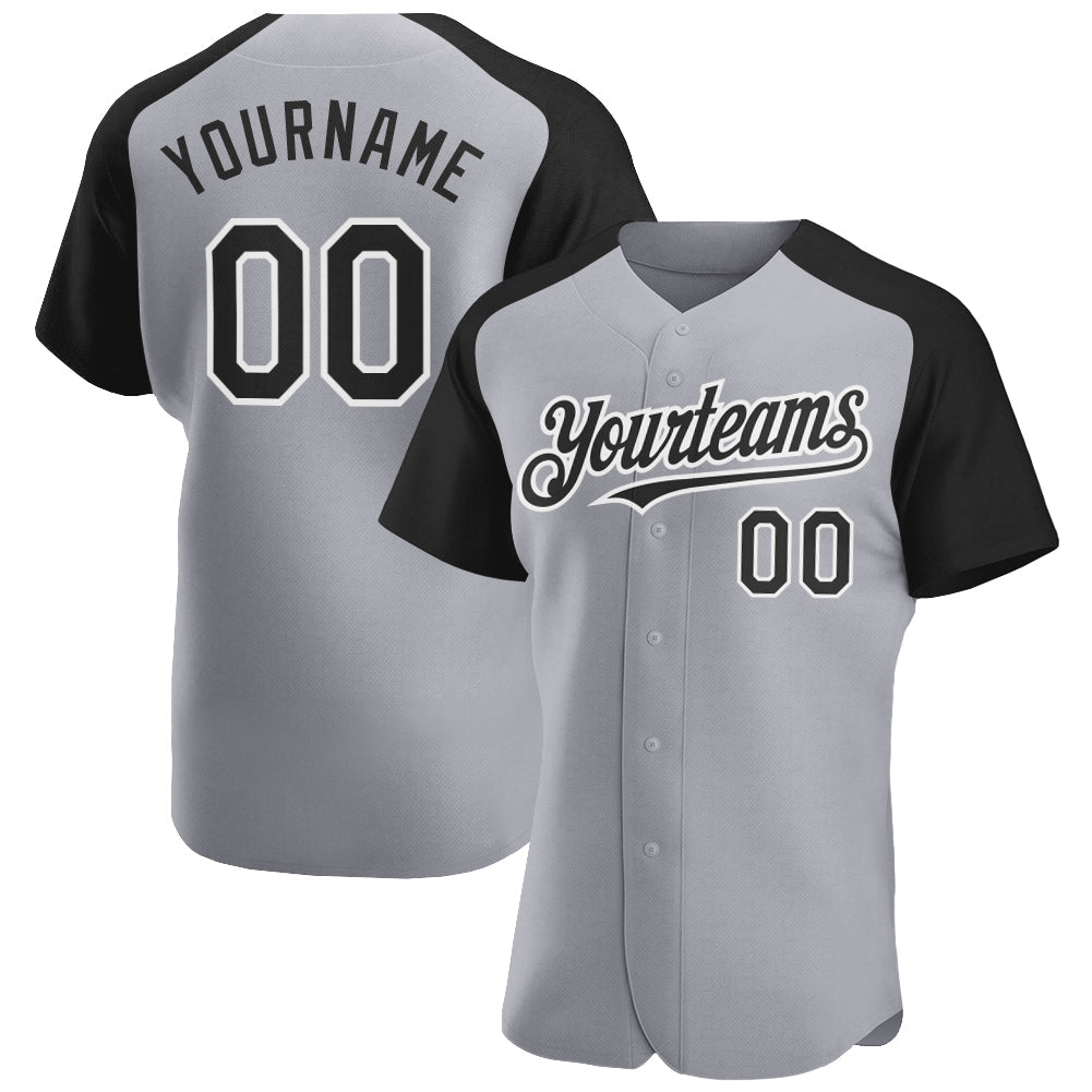 Custom Gray Black-White Authentic Raglan Sleeves Baseball Jersey - Main View