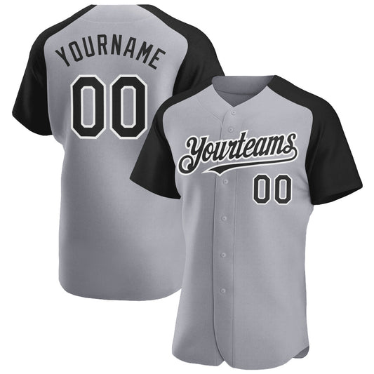 Custom Gray Black-White Authentic Raglan Sleeves Baseball Jersey - Main View