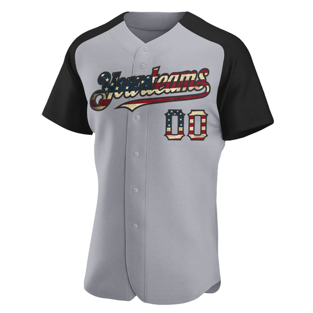 Custom Gray Vintage USA Flag-Black Authentic Raglan Sleeves Baseball Jersey view 2