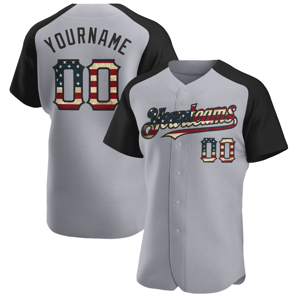 Custom Gray Vintage USA Flag-Black Authentic Raglan Sleeves Baseball Jersey - Main View
