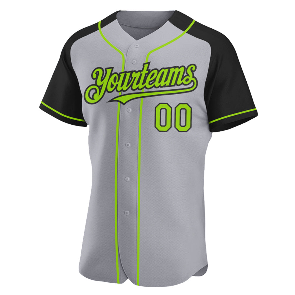 Custom Gray Neon Green-Black Authentic Raglan Sleeves Baseball Jersey view 2