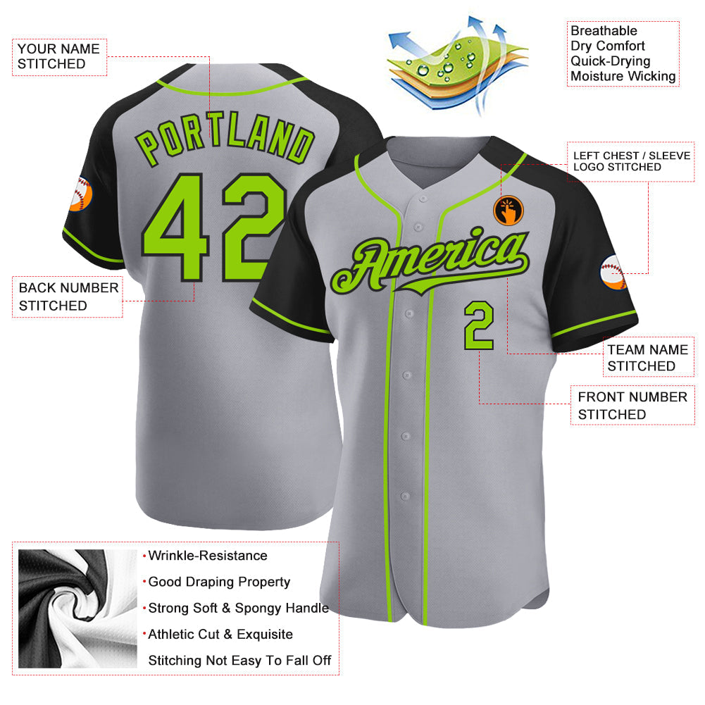 Custom Gray Neon Green-Black Authentic Raglan Sleeves Baseball Jersey view 3