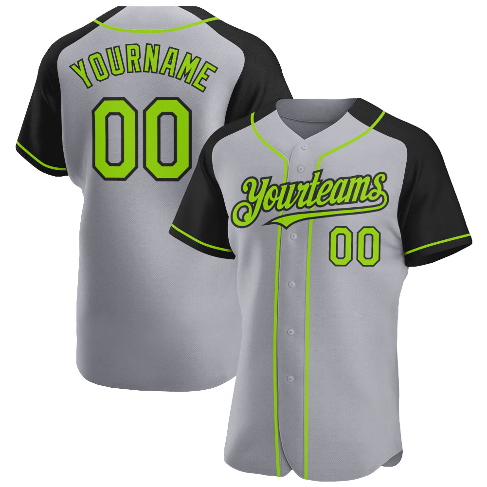Custom Gray Neon Green-Black Authentic Raglan Sleeves Baseball Jersey - Main View