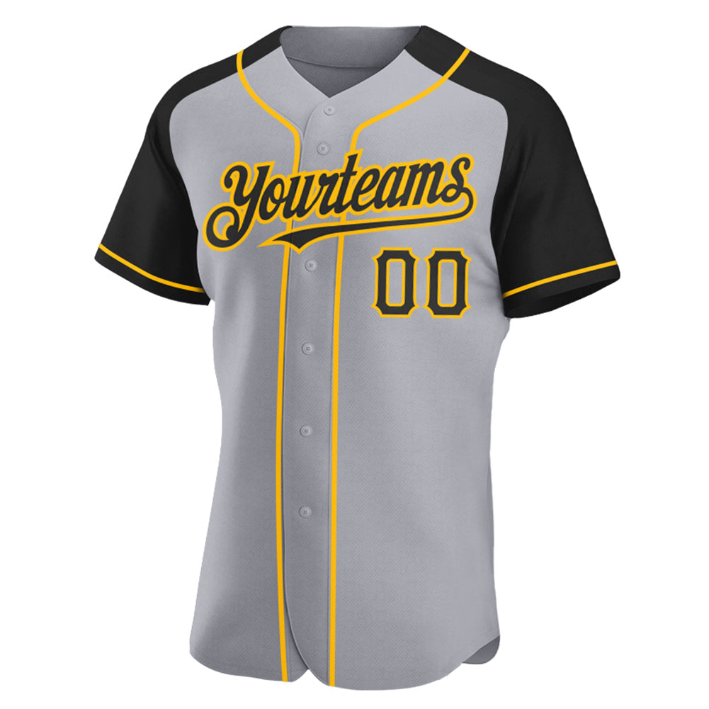 Custom Gray Black-Gold Authentic Raglan Sleeves Baseball Jersey view 2