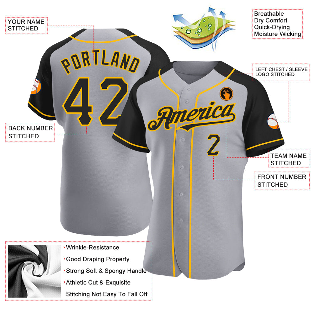 Custom Gray Black-Gold Authentic Raglan Sleeves Baseball Jersey view 3