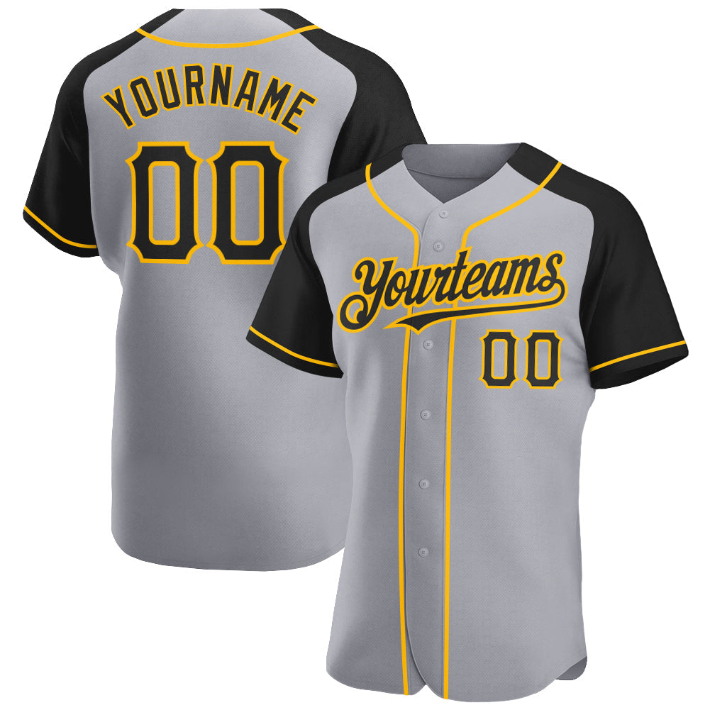 Custom Gray Black-Gold Authentic Raglan Sleeves Baseball Jersey - Main View