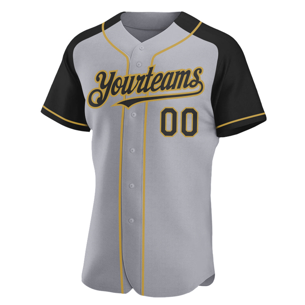 Custom Gray Black-Old Gold Authentic Raglan Sleeves Baseball Jersey view 2