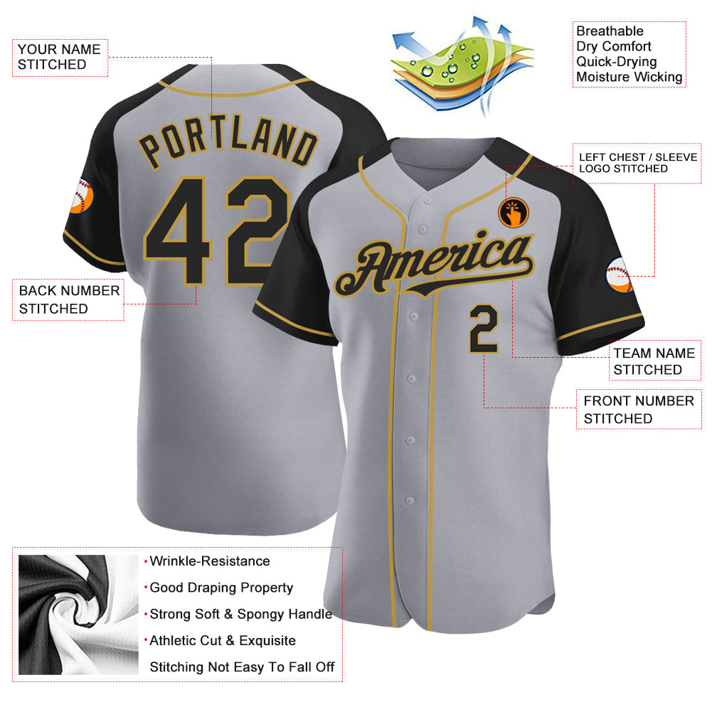Custom Gray Black-Old Gold Authentic Raglan Sleeves Baseball Jersey view 3