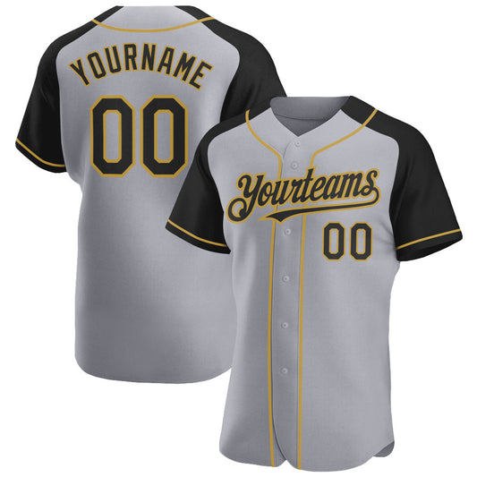 Custom Gray Black-Old Gold Authentic Raglan Sleeves Baseball Jersey - Main View