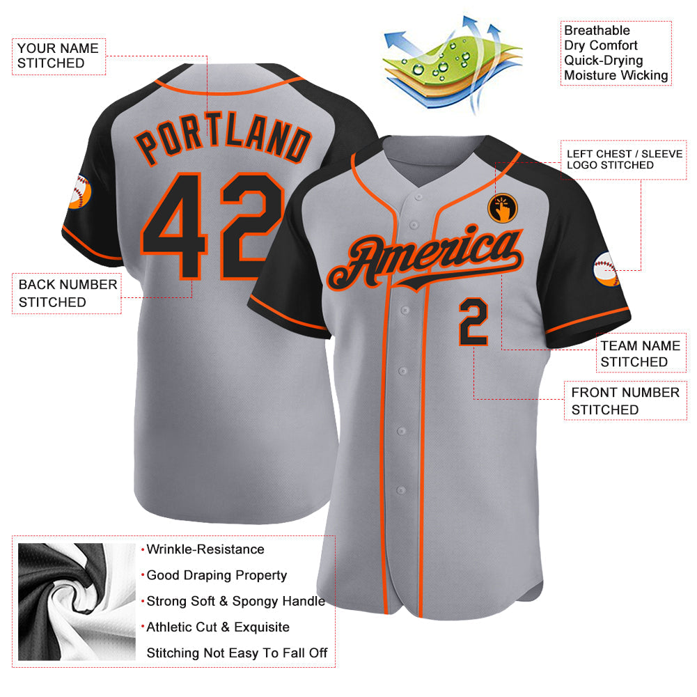 Custom Gray Black-Orange Authentic Raglan Sleeves Baseball Jersey view 3