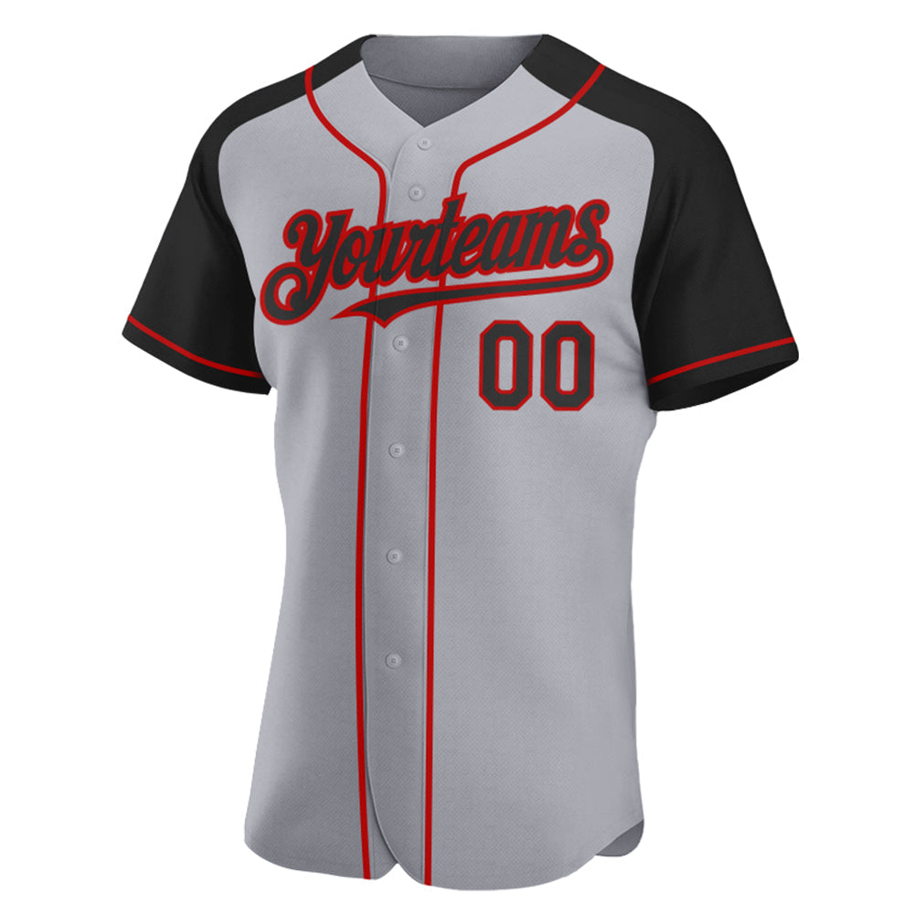Custom Gray Black-Red Authentic Raglan Sleeves Baseball Jersey view 2