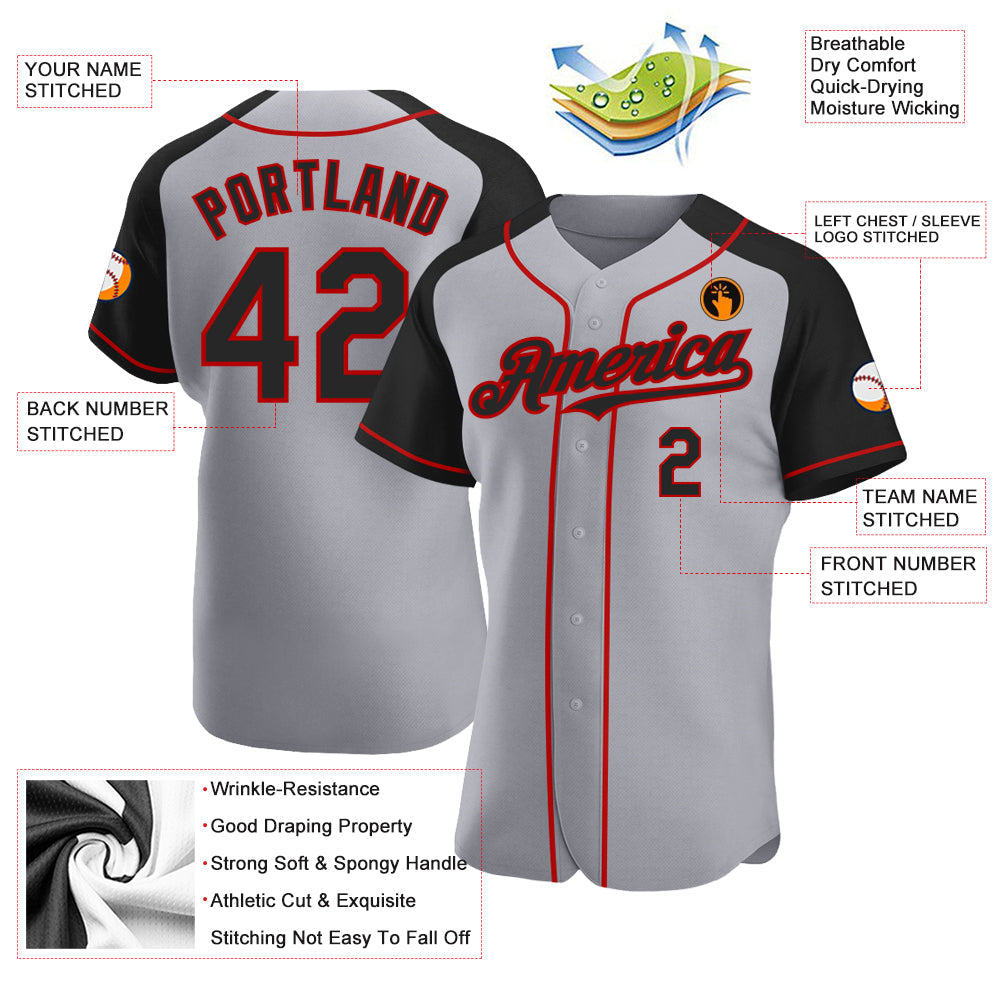Custom Gray Black-Red Authentic Raglan Sleeves Baseball Jersey view 3