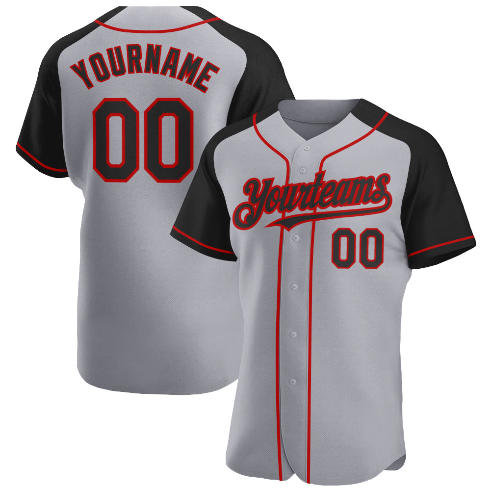 Custom Gray Black-Red Authentic Raglan Sleeves Baseball Jersey - Main View