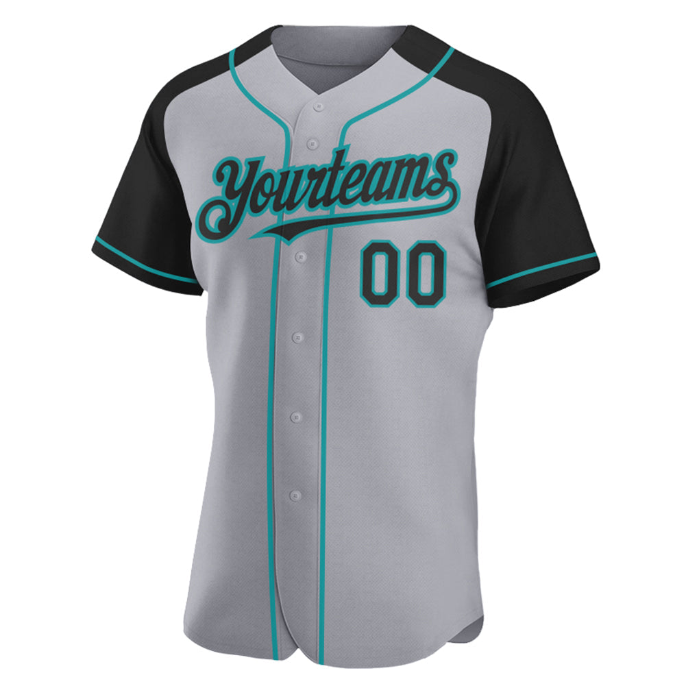 Custom Gray Black-Teal Authentic Raglan Sleeves Baseball Jersey view 2