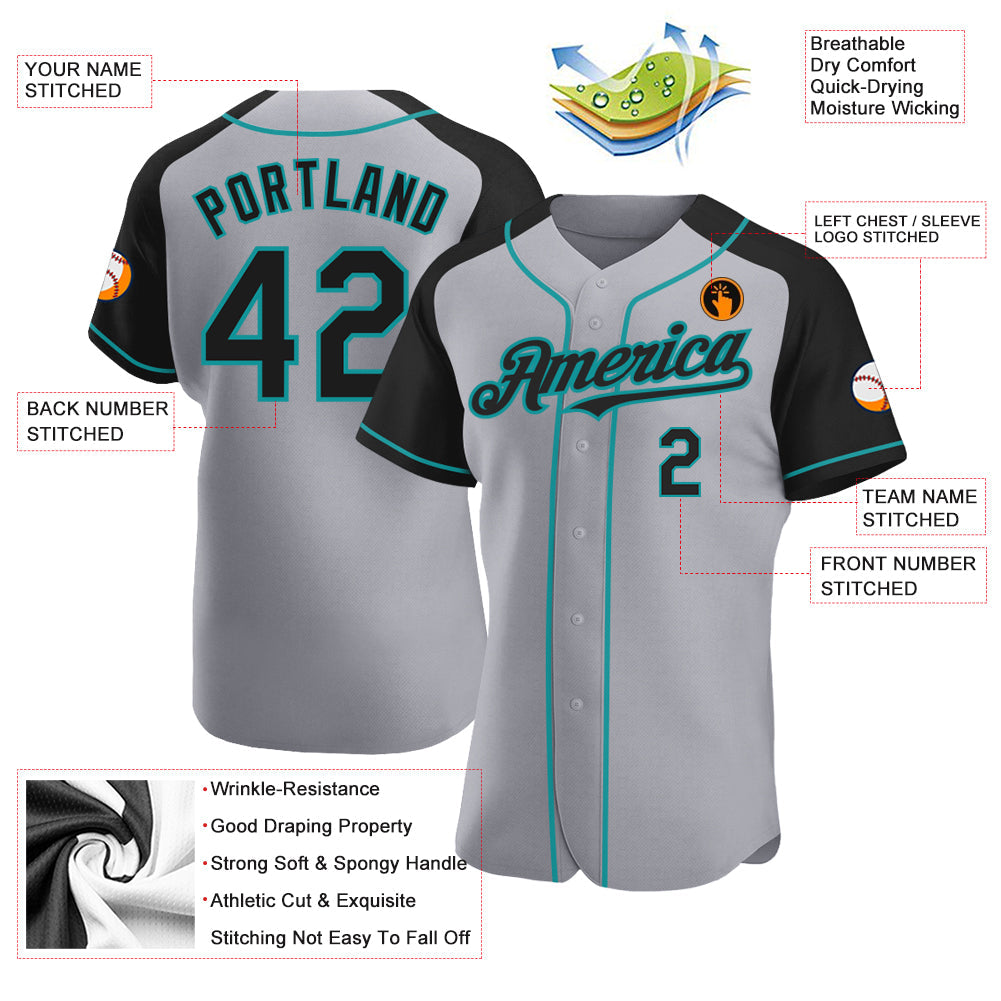Custom Gray Black-Teal Authentic Raglan Sleeves Baseball Jersey view 3