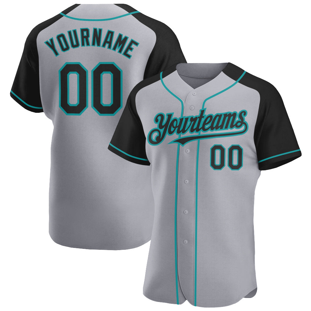 Custom Gray Black-Teal Authentic Raglan Sleeves Baseball Jersey - Main View